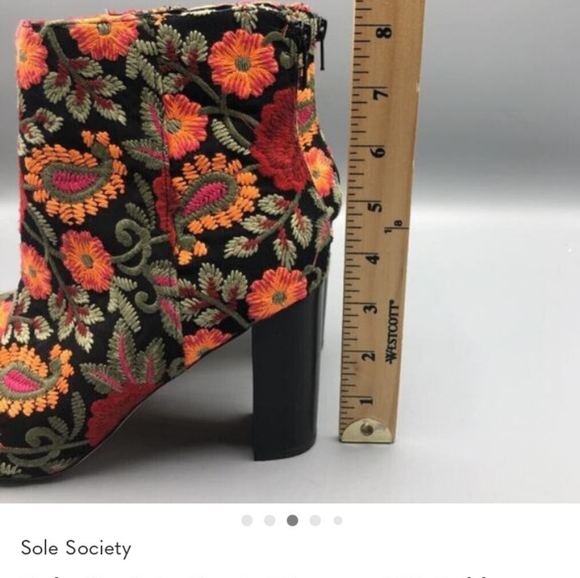 Sole Society Boots Womens 7.5 Ankle Black Floral Embroidered Block Heel Zip - Picture 3 of 5
